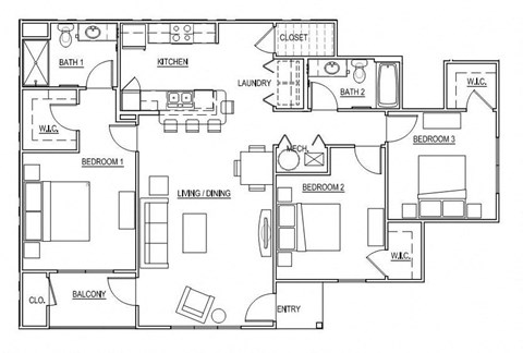 Floor plan for 3 beds, 2 baths, 1482 sqft
